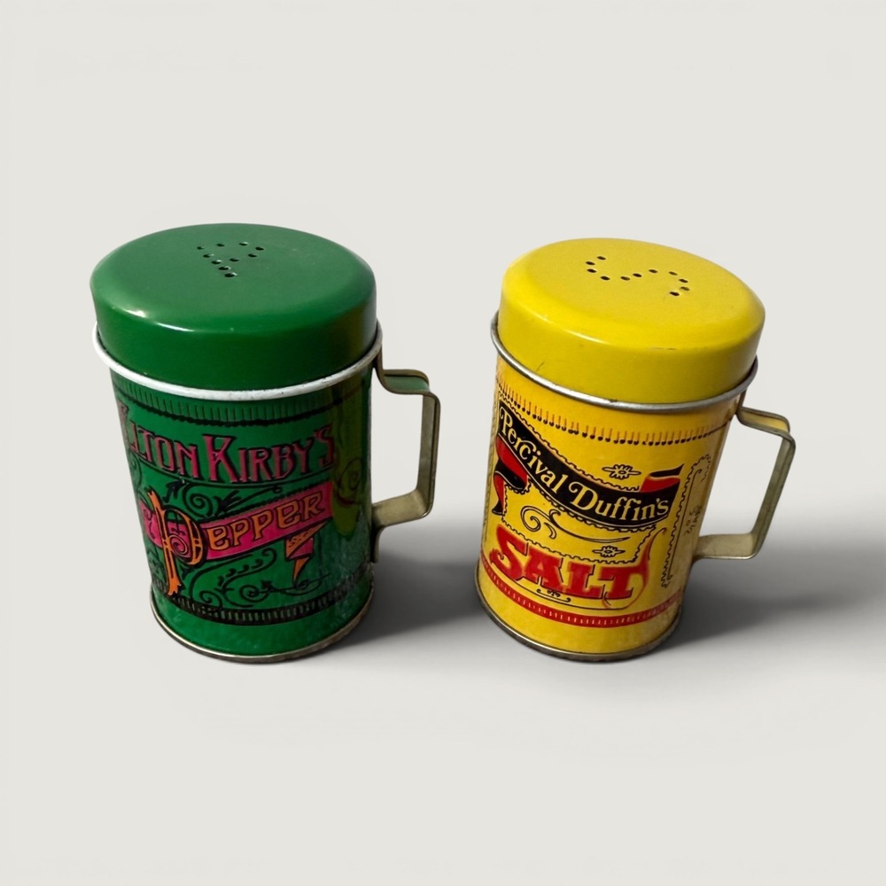 Vintage Elton Kirby Pepper Percival Duffin Salt Shakers Tin Litho Mug Set